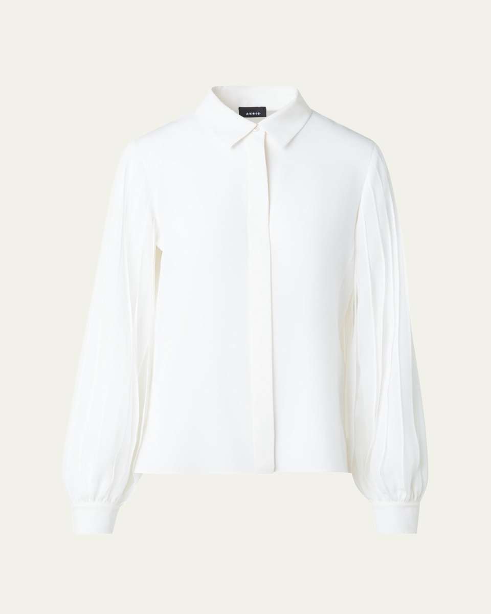 Silk Crepe Pleated-Sleeve Blouse